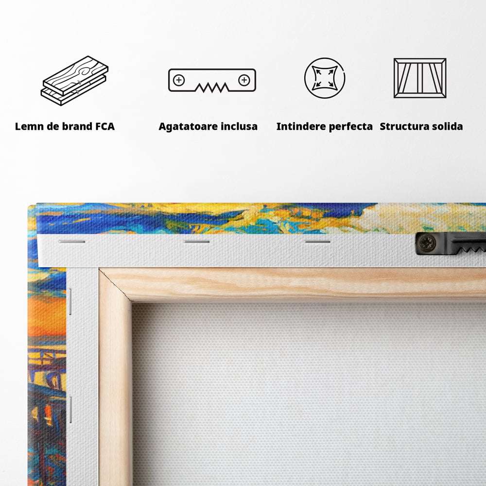 Tablou Canvas Premium LuxCanva® A1064, Barca La Apus , Ponton, Portocaliu, Mare, Abstract, Culori Vibrante