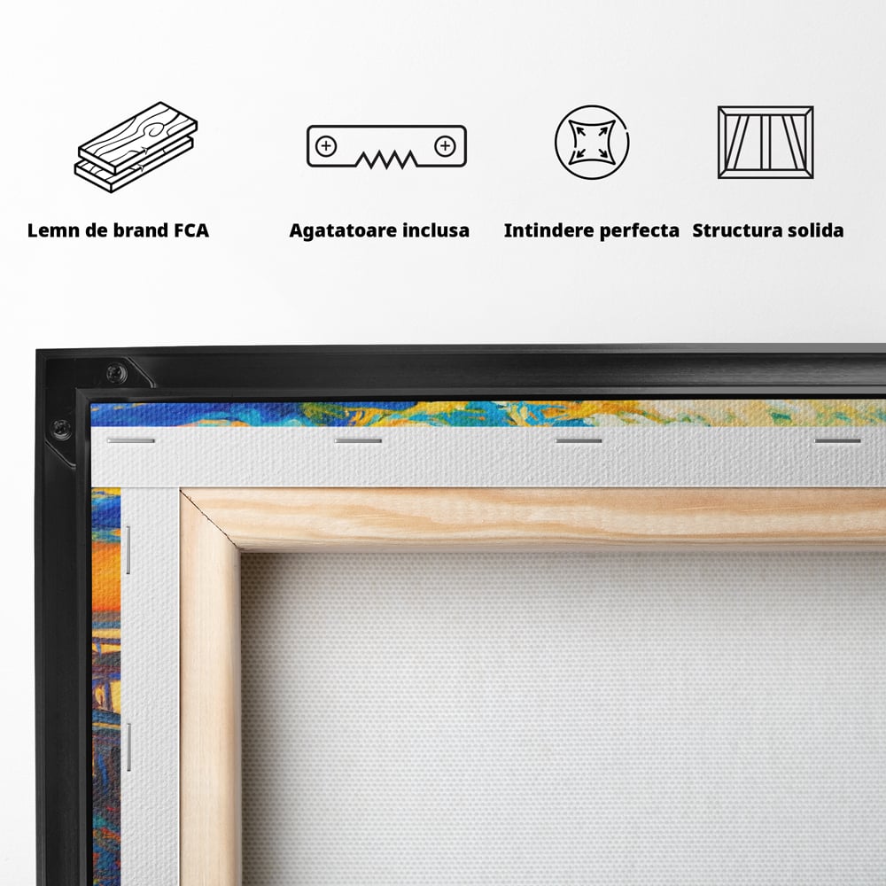 Tablou Canvas Premium LuxCanva® A1064, Barca La Apus , Ponton, Portocaliu, Mare, Abstract, Culori Vibrante