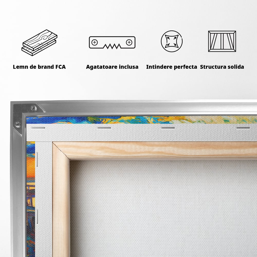 Tablou Canvas Premium LuxCanva® A1064, Barca La Apus , Ponton, Portocaliu, Mare, Abstract, Culori Vibrante