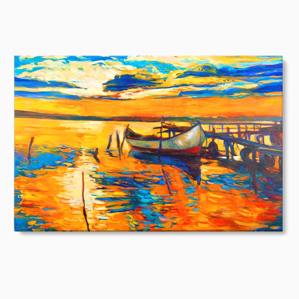 Tablou Canvas Premium LuxCanva® A1064, Barca La Apus , Ponton, Portocaliu, Mare, Abstract, Culori Vibrante