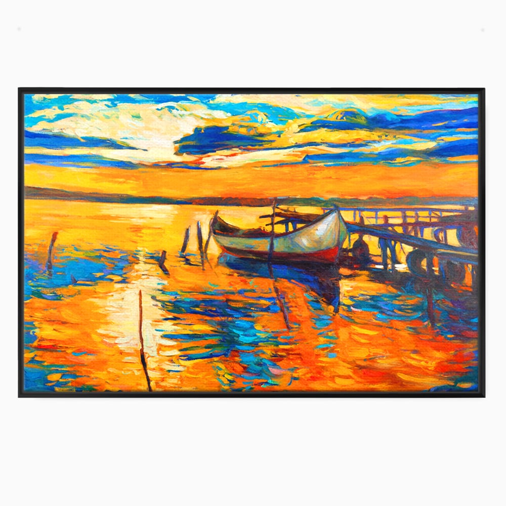 Tablou Canvas Premium LuxCanva® A1064, Barca La Apus , Ponton, Portocaliu, Mare, Abstract, Culori Vibrante