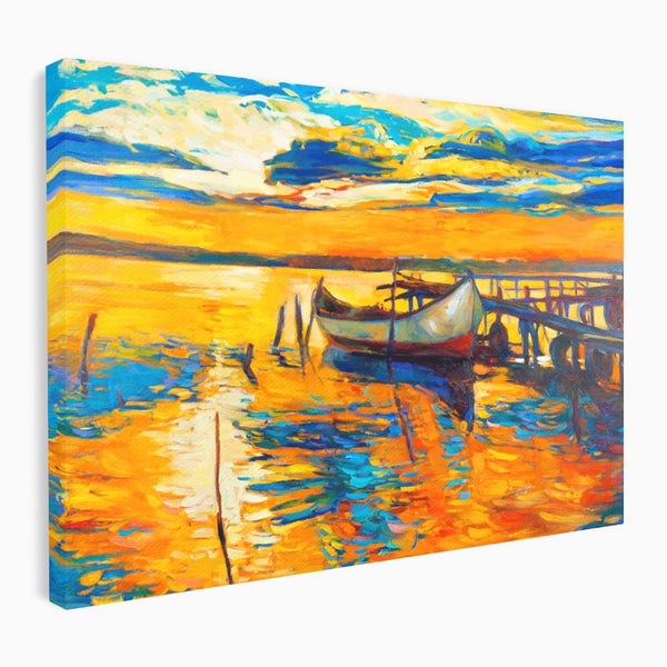Tablou Canvas Premium LuxCanva® A1064, Barca La Apus , Ponton, Portocaliu, Mare, Abstract, Culori Vibrante