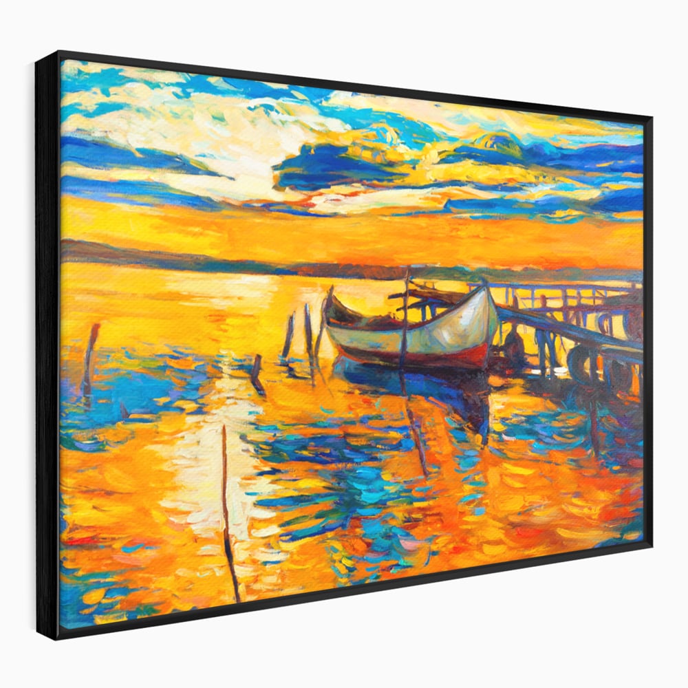 Tablou Canvas Premium LuxCanva® A1064, Barca La Apus , Ponton, Portocaliu, Mare, Abstract, Culori Vibrante