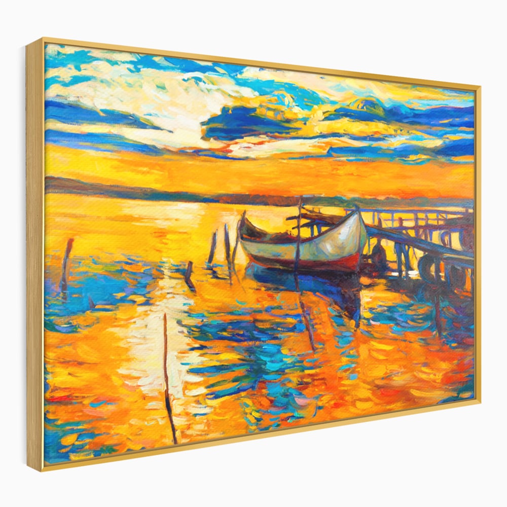 Tablou Canvas Premium LuxCanva® A1064, Barca La Apus , Ponton, Portocaliu, Mare, Abstract, Culori Vibrante