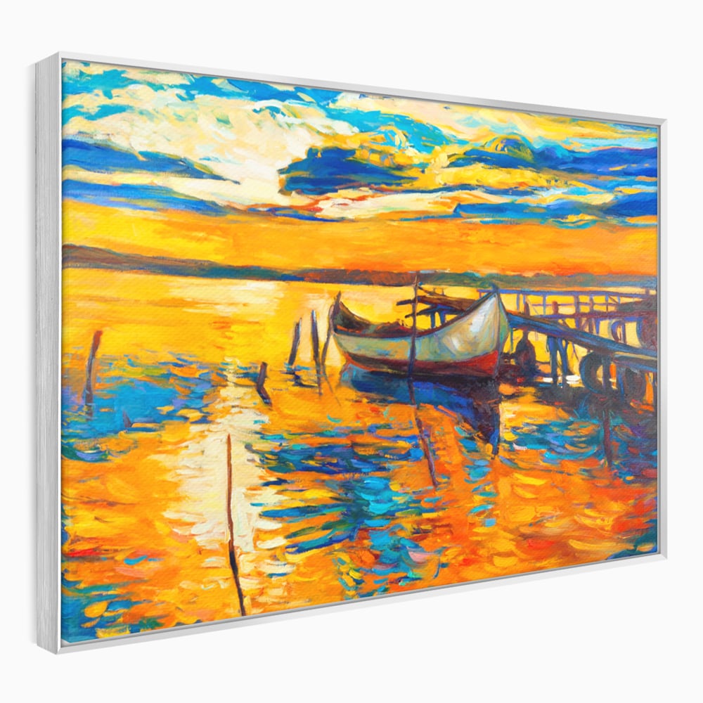 Tablou Canvas Premium LuxCanva® A1064, Barca La Apus , Ponton, Portocaliu, Mare, Abstract, Culori Vibrante