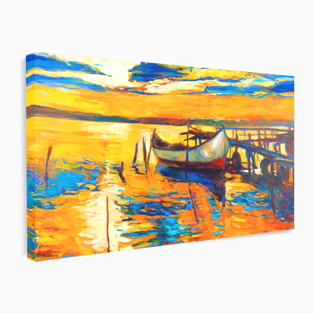 Tablou Canvas Premium LuxCanva® A1064, Barca La Apus , Ponton, Portocaliu, Mare, Abstract, Culori Vibrante