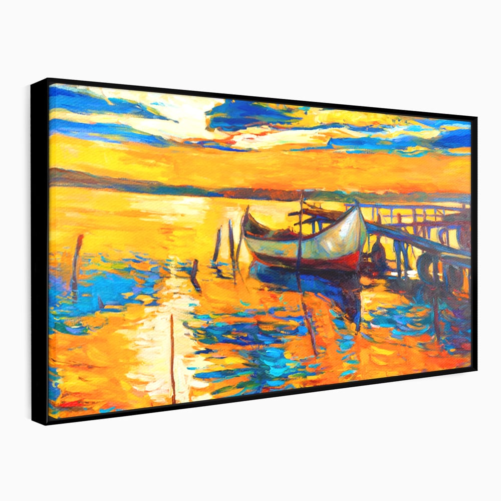 Tablou Canvas Premium LuxCanva® A1064, Barca La Apus , Ponton, Portocaliu, Mare, Abstract, Culori Vibrante
