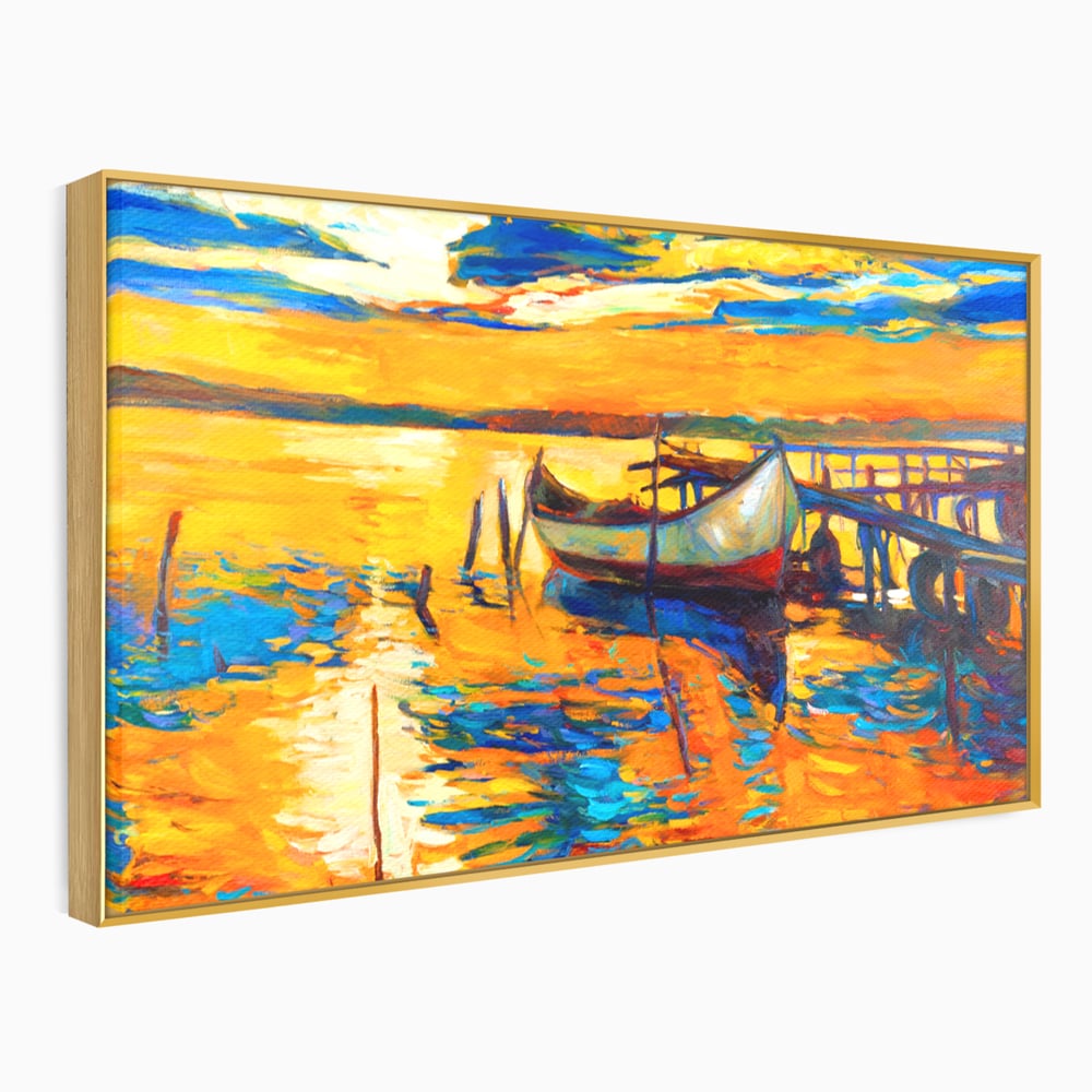 Tablou Canvas Premium LuxCanva® A1064, Barca La Apus , Ponton, Portocaliu, Mare, Abstract, Culori Vibrante