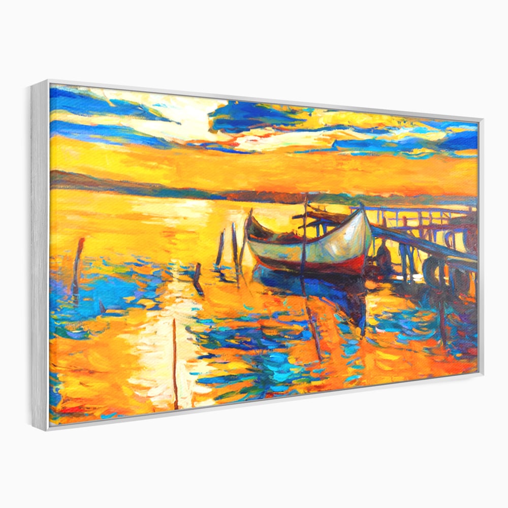 Tablou Canvas Premium LuxCanva® A1064, Barca La Apus , Ponton, Portocaliu, Mare, Abstract, Culori Vibrante
