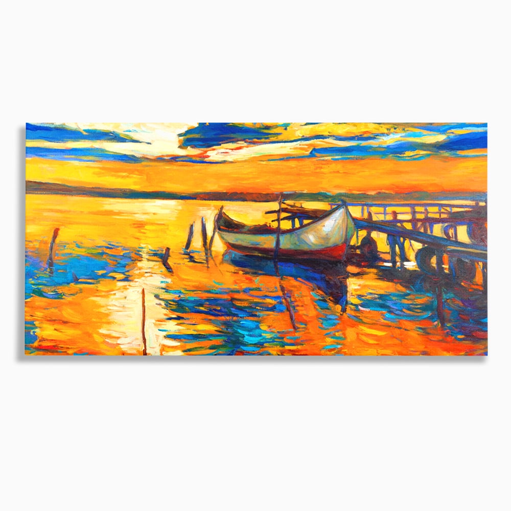 Tablou Canvas Premium LuxCanva® A1064, Barca La Apus , Ponton, Portocaliu, Mare, Abstract, Culori Vibrante