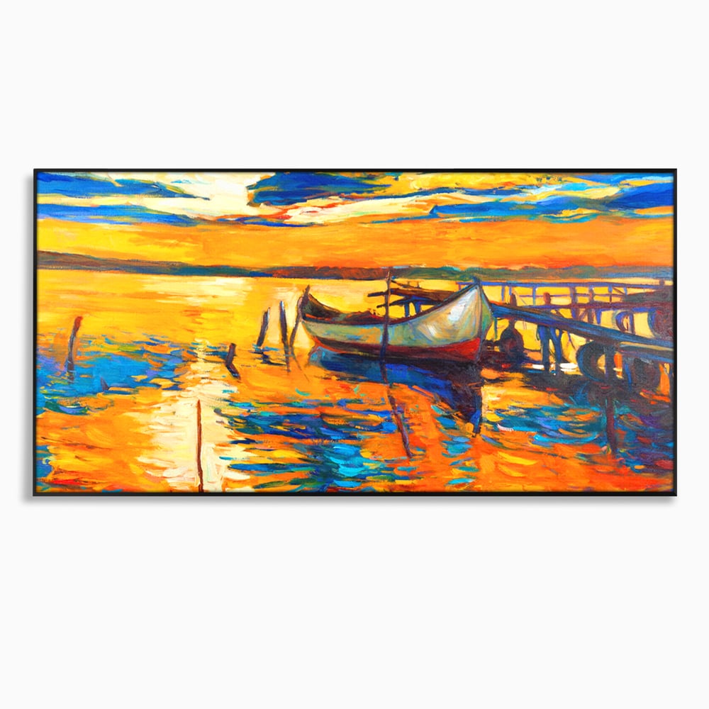Tablou Canvas Premium LuxCanva® A1064, Barca La Apus , Ponton, Portocaliu, Mare, Abstract, Culori Vibrante