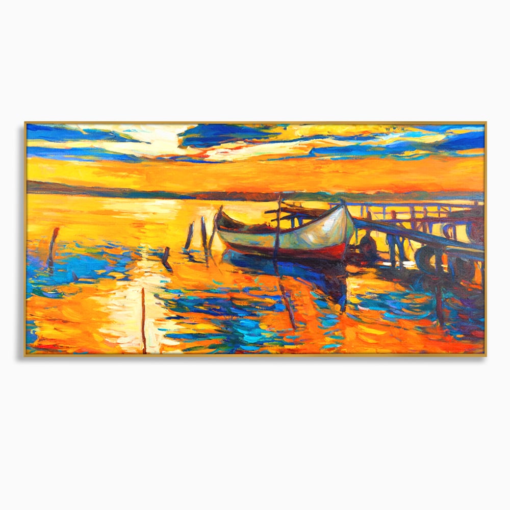 Tablou Canvas Premium LuxCanva® A1064, Barca La Apus , Ponton, Portocaliu, Mare, Abstract, Culori Vibrante