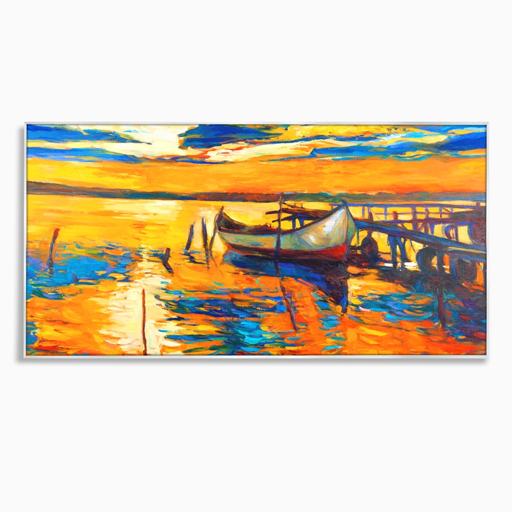 Tablou Canvas Premium LuxCanva® A1064, Barca La Apus , Ponton, Portocaliu, Mare, Abstract, Culori Vibrante