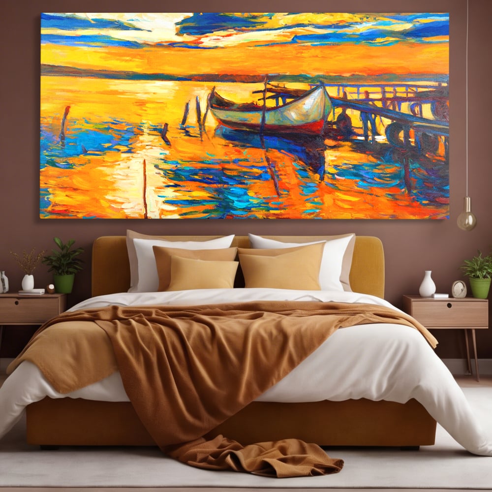 Tablou Canvas Premium LuxCanva® A1064, Barca La Apus , Ponton, Portocaliu, Mare, Abstract, Culori Vibrante