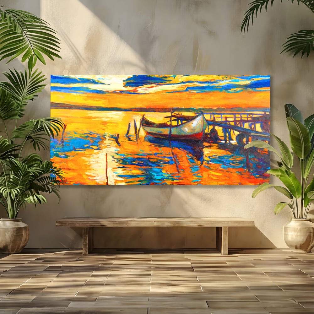 Tablou Canvas Premium LuxCanva® A1064, Barca La Apus , Ponton, Portocaliu, Mare, Abstract, Culori Vibrante