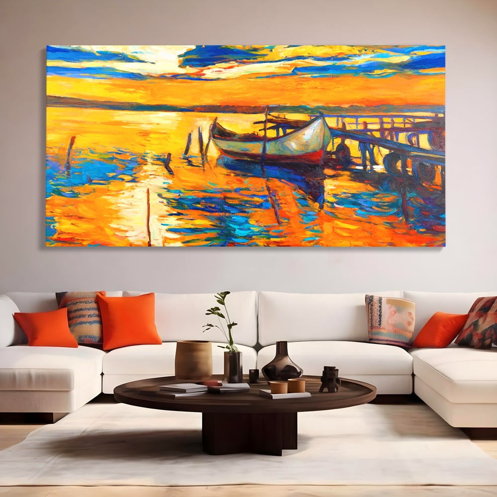 Tablou Canvas Premium LuxCanva® A1064, Barca La Apus , Ponton, Portocaliu, Mare, Abstract, Culori Vibrante