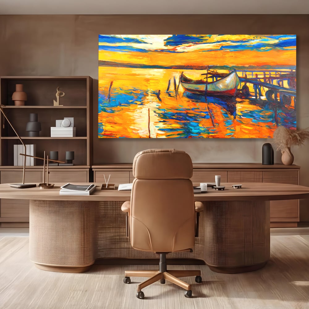 Tablou Canvas Premium LuxCanva® A1064, Barca La Apus , Ponton, Portocaliu, Mare, Abstract, Culori Vibrante