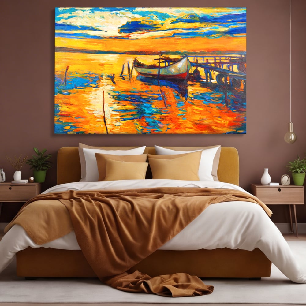 Tablou Canvas Premium LuxCanva® A1064, Barca La Apus , Ponton, Portocaliu, Mare, Abstract, Culori Vibrante