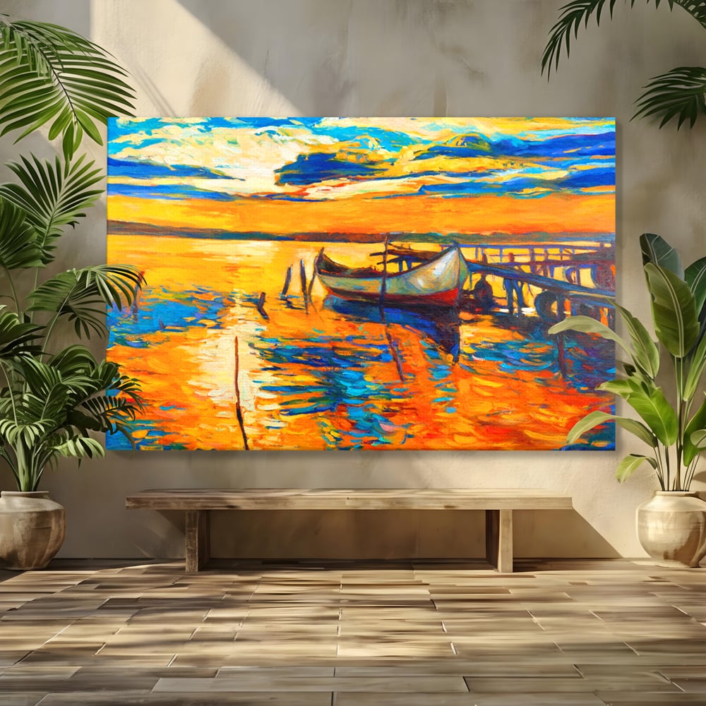 Tablou Canvas Premium LuxCanva® A1064, Barca La Apus , Ponton, Portocaliu, Mare, Abstract, Culori Vibrante