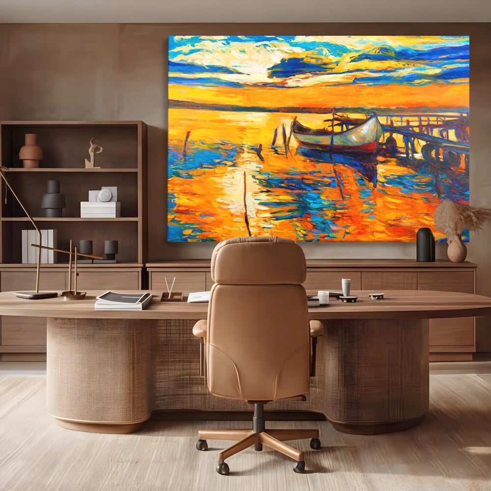 Tablou Canvas Premium LuxCanva® A1064, Barca La Apus , Ponton, Portocaliu, Mare, Abstract, Culori Vibrante