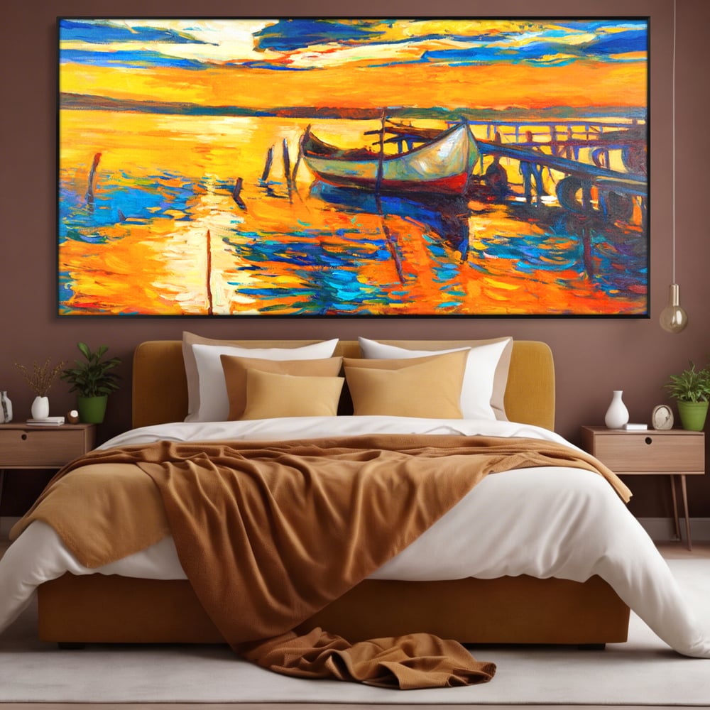 Tablou Canvas Premium LuxCanva® A1064, Barca La Apus , Ponton, Portocaliu, Mare, Abstract, Culori Vibrante