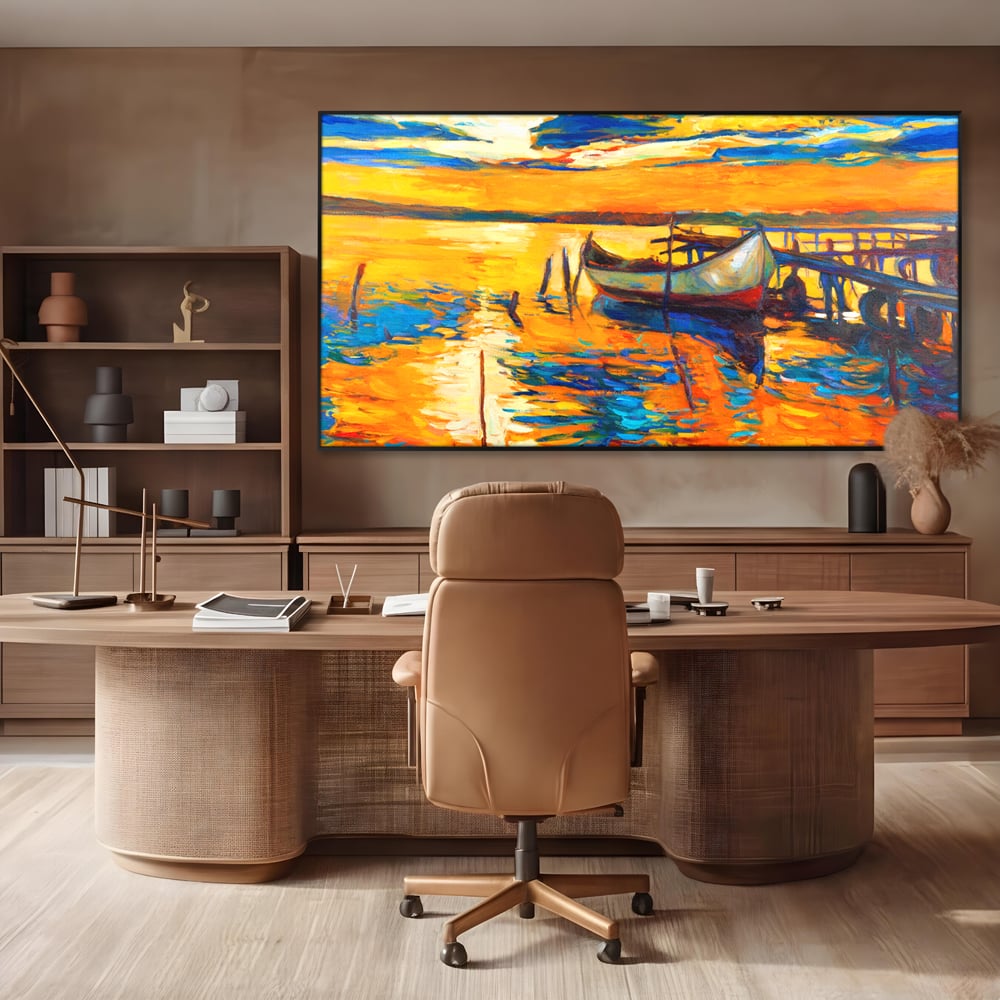 Tablou Canvas Premium LuxCanva® A1064, Barca La Apus , Ponton, Portocaliu, Mare, Abstract, Culori Vibrante