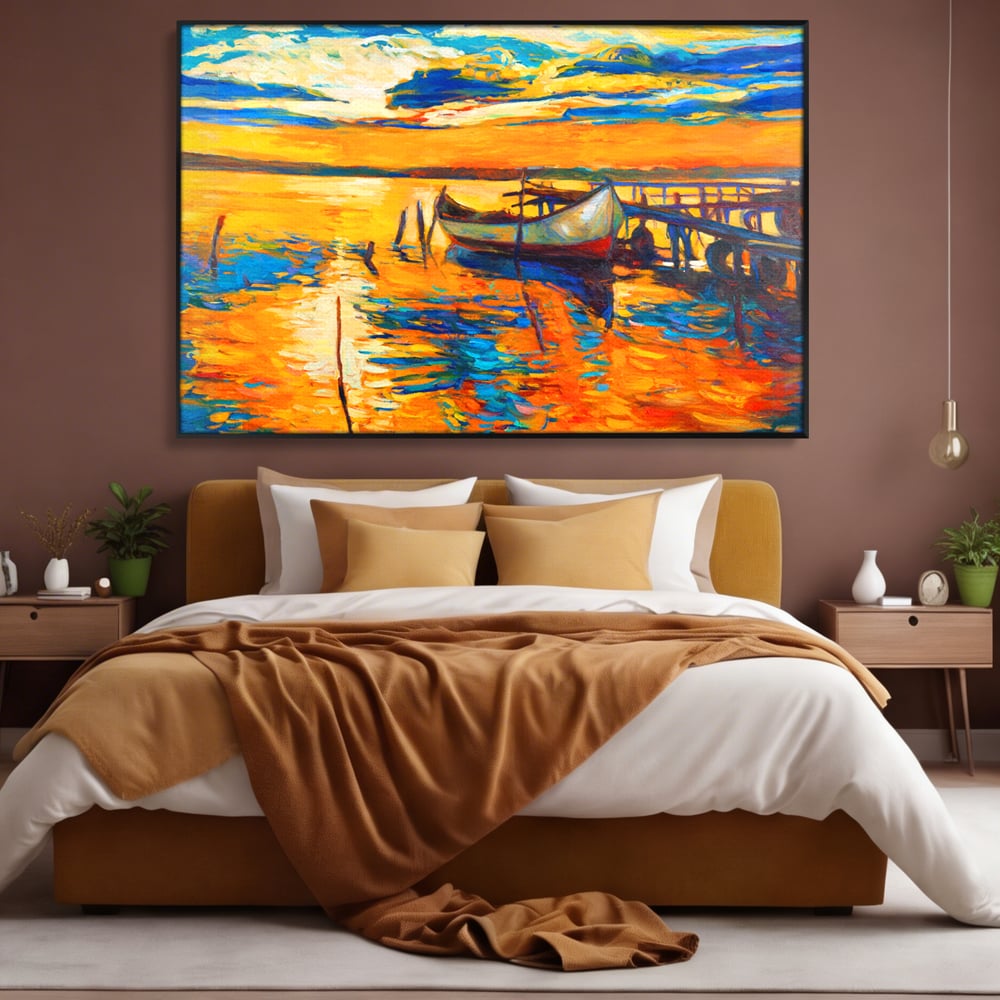 Tablou Canvas Premium LuxCanva® A1064, Barca La Apus , Ponton, Portocaliu, Mare, Abstract, Culori Vibrante