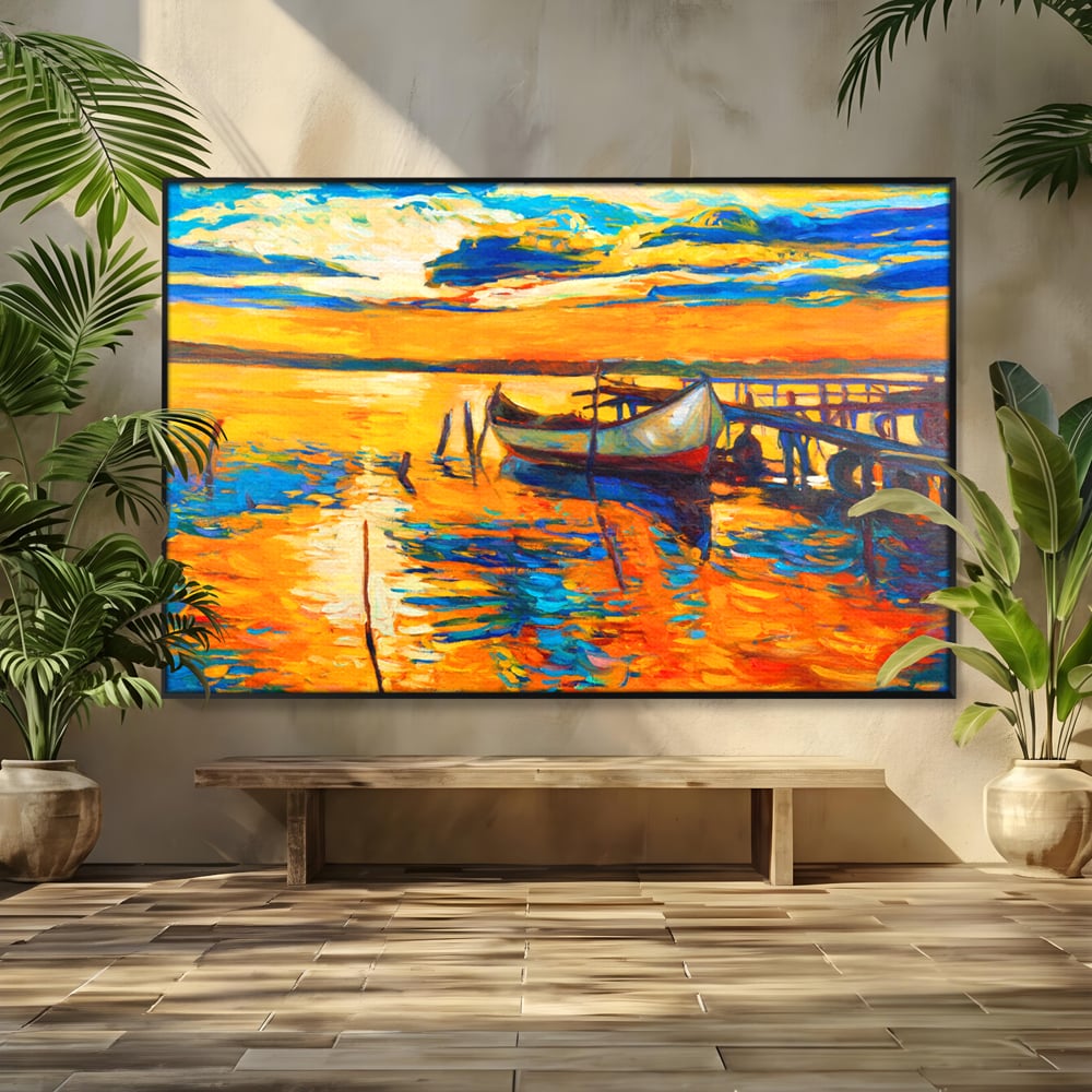 Tablou Canvas Premium LuxCanva® A1064, Barca La Apus , Ponton, Portocaliu, Mare, Abstract, Culori Vibrante