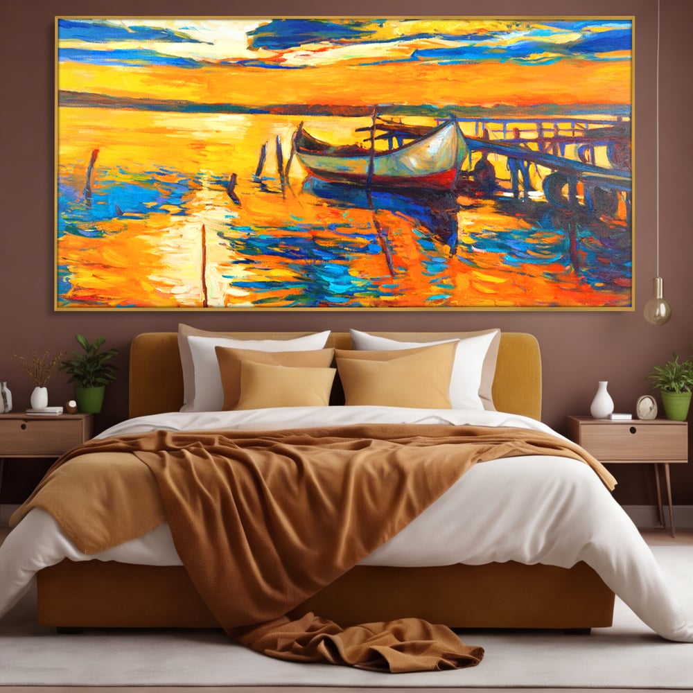 Tablou Canvas Premium LuxCanva® A1064, Barca La Apus , Ponton, Portocaliu, Mare, Abstract, Culori Vibrante