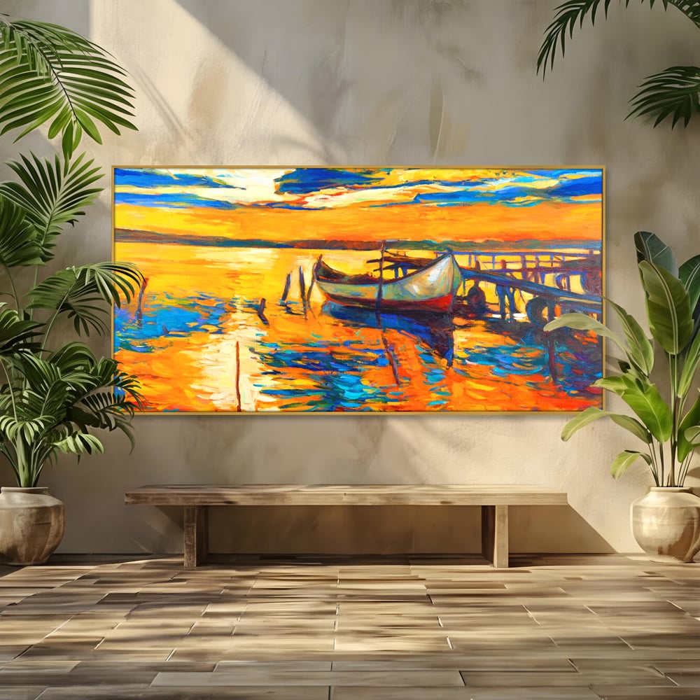 Tablou Canvas Premium LuxCanva® A1064, Barca La Apus , Ponton, Portocaliu, Mare, Abstract, Culori Vibrante