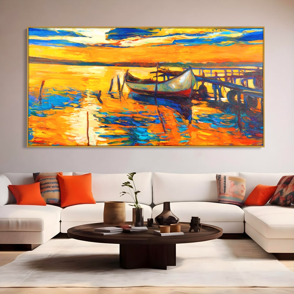 Tablou Canvas Premium LuxCanva® A1064, Barca La Apus , Ponton, Portocaliu, Mare, Abstract, Culori Vibrante