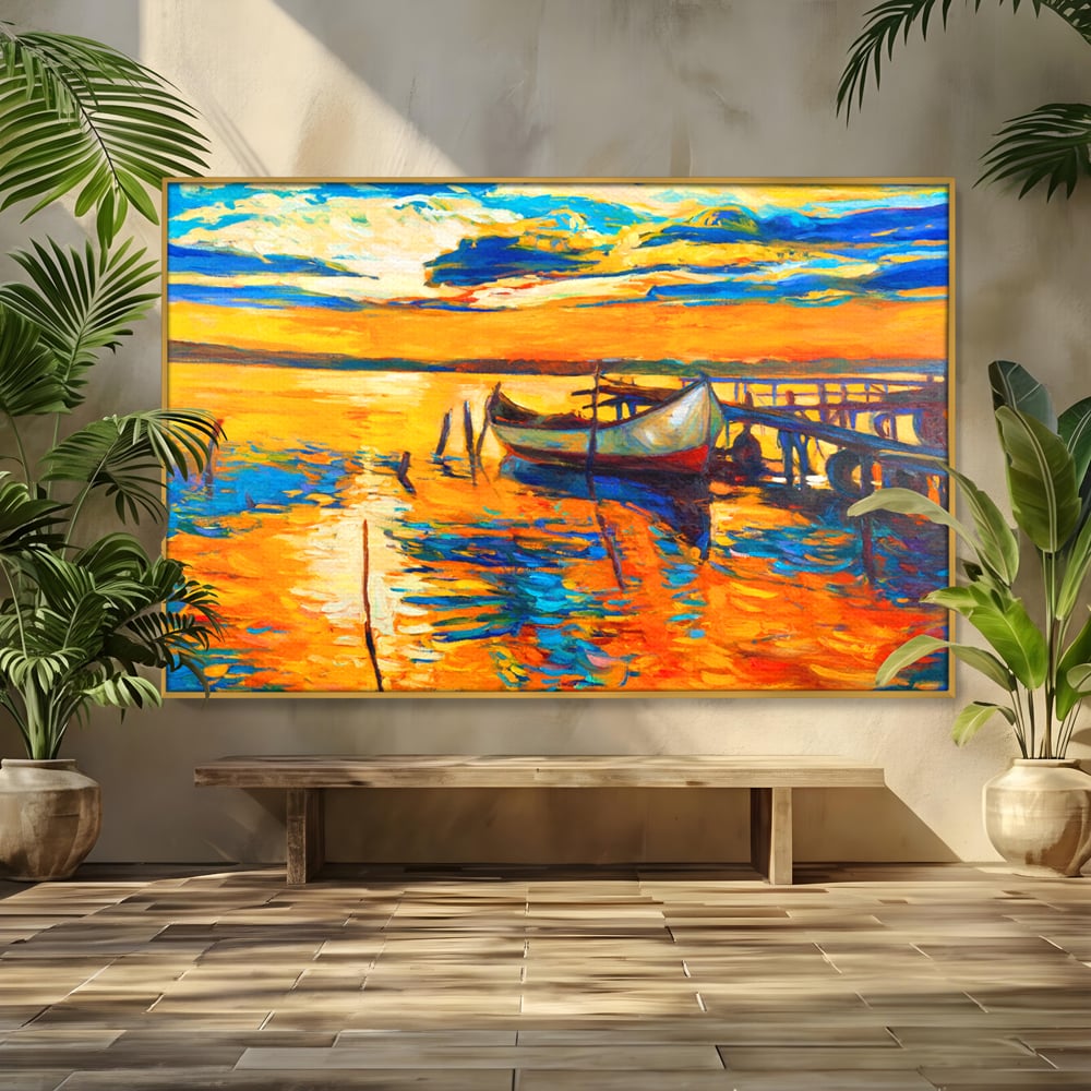 Tablou Canvas Premium LuxCanva® A1064, Barca La Apus , Ponton, Portocaliu, Mare, Abstract, Culori Vibrante