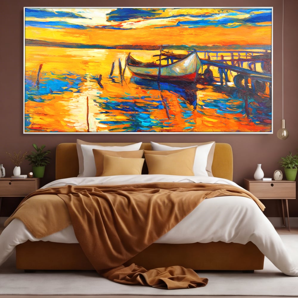 Tablou Canvas Premium LuxCanva® A1064, Barca La Apus , Ponton, Portocaliu, Mare, Abstract, Culori Vibrante