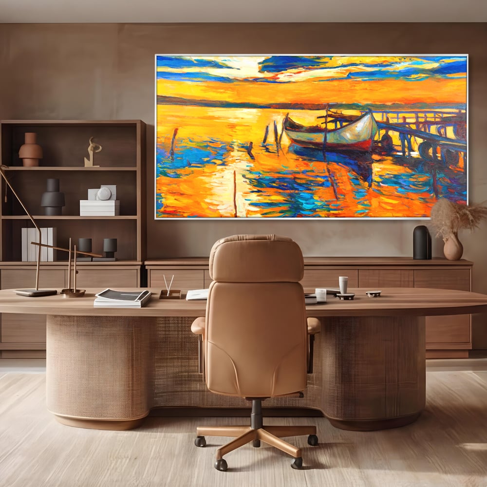 Tablou Canvas Premium LuxCanva® A1064, Barca La Apus , Ponton, Portocaliu, Mare, Abstract, Culori Vibrante