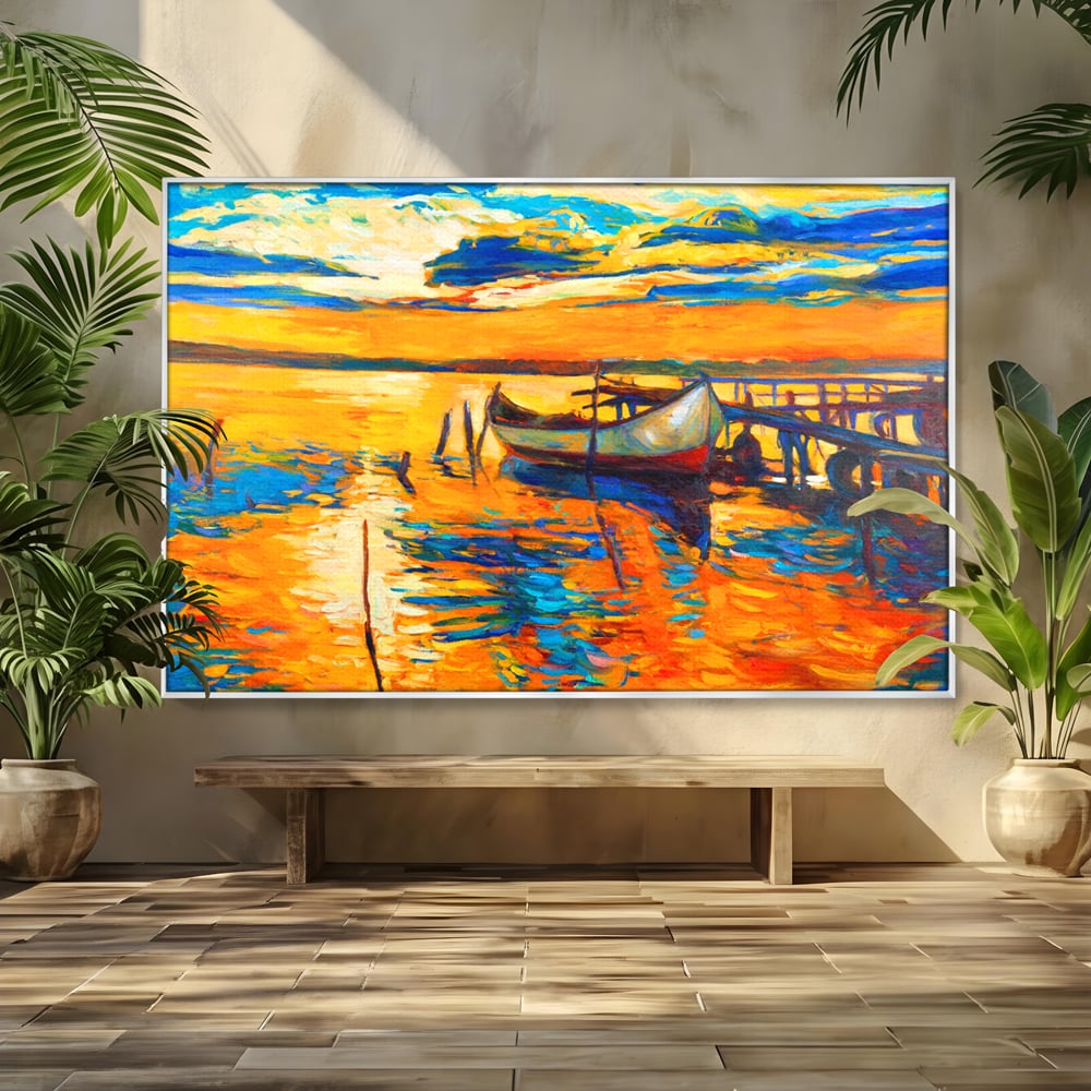 Tablou Canvas Premium LuxCanva® A1064, Barca La Apus , Ponton, Portocaliu, Mare, Abstract, Culori Vibrante