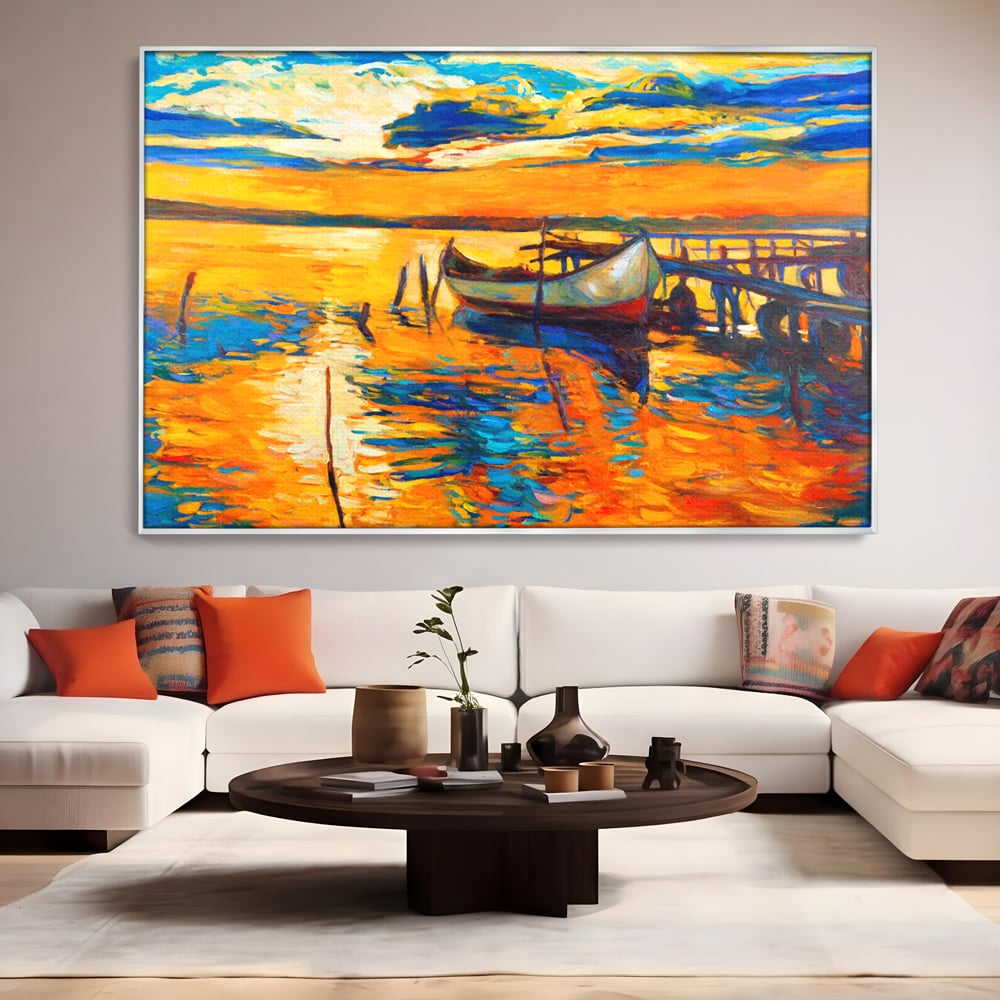 Tablou Canvas Premium LuxCanva® A1064, Barca La Apus , Ponton, Portocaliu, Mare, Abstract, Culori Vibrante