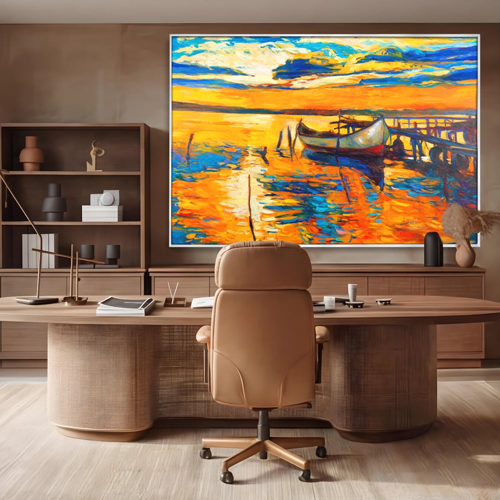 Tablou Canvas Premium LuxCanva® A1064, Barca La Apus , Ponton, Portocaliu, Mare, Abstract, Culori Vibrante