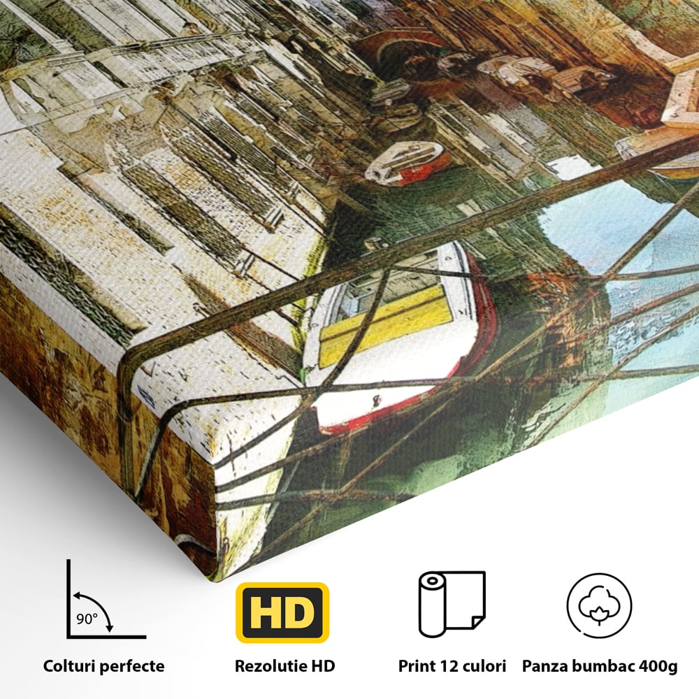 Tablou Canvas Premium LuxCanva® A1067, Plimbare In Venetia , Gondola, Barca, Case, Culori Vibrante