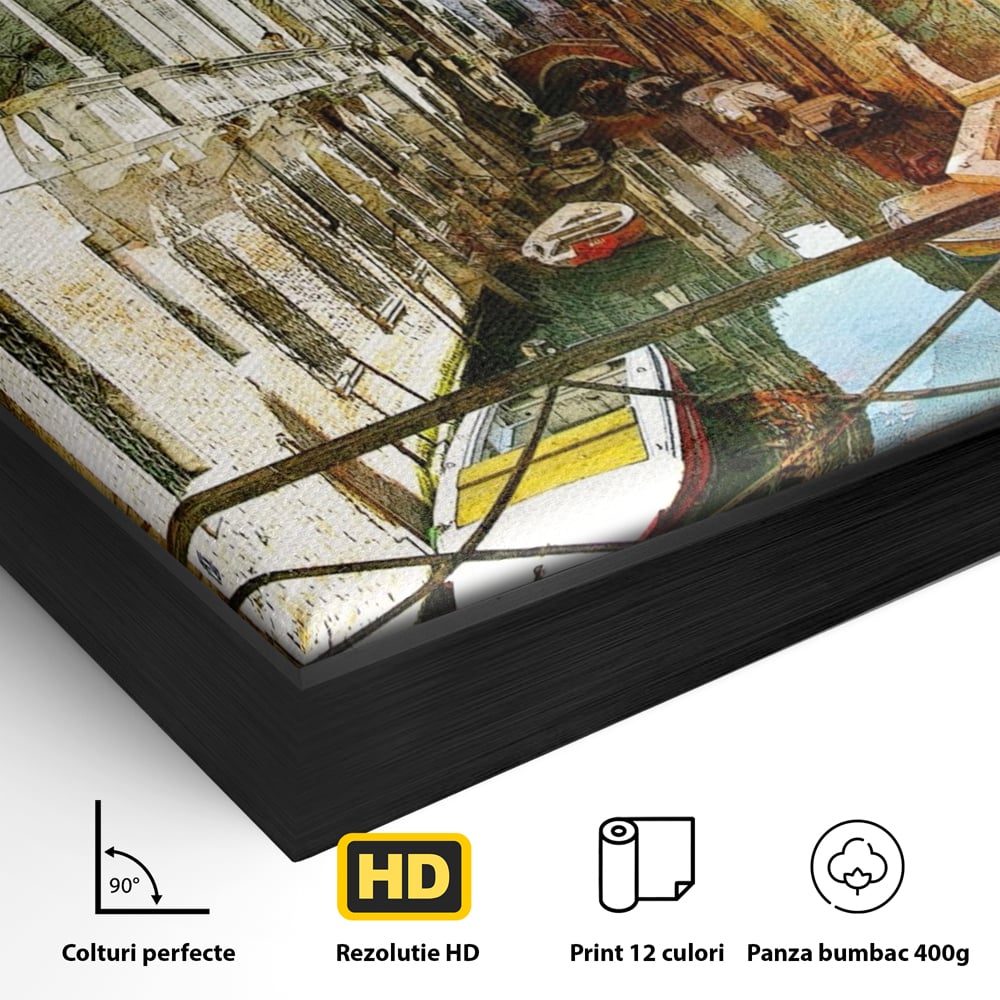 Tablou Canvas Premium LuxCanva® A1067, Plimbare In Venetia , Gondola, Barca, Case, Culori Vibrante