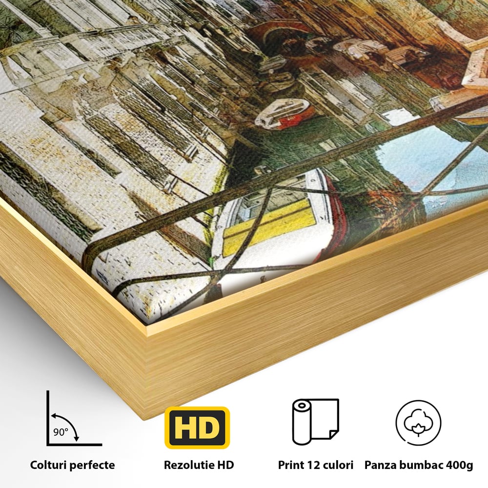 Tablou Canvas Premium LuxCanva® A1067, Plimbare In Venetia , Gondola, Barca, Case, Culori Vibrante