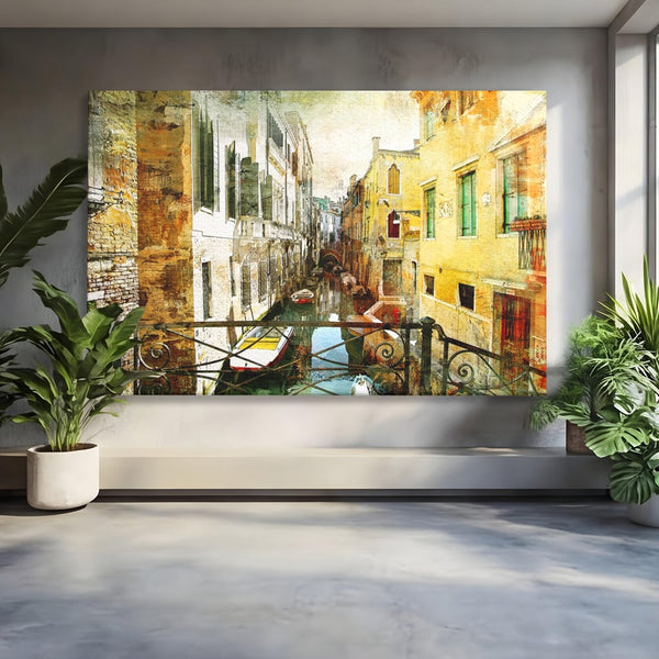 Tablou Canvas Premium LuxCanva® A1067, Plimbare In Venetia , Gondola, Barca, Case, Culori Vibrante