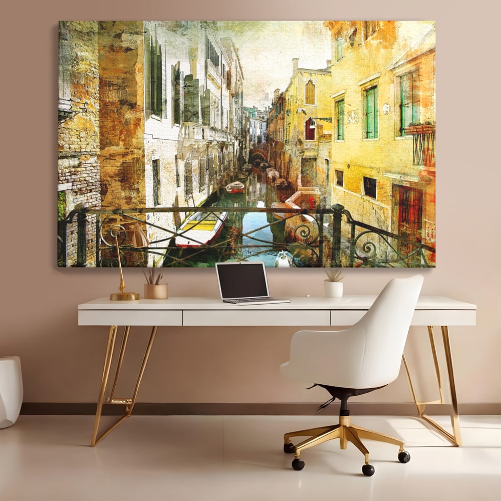 Tablou Canvas Premium LuxCanva® A1067, Plimbare In Venetia , Gondola, Barca, Case, Culori Vibrante