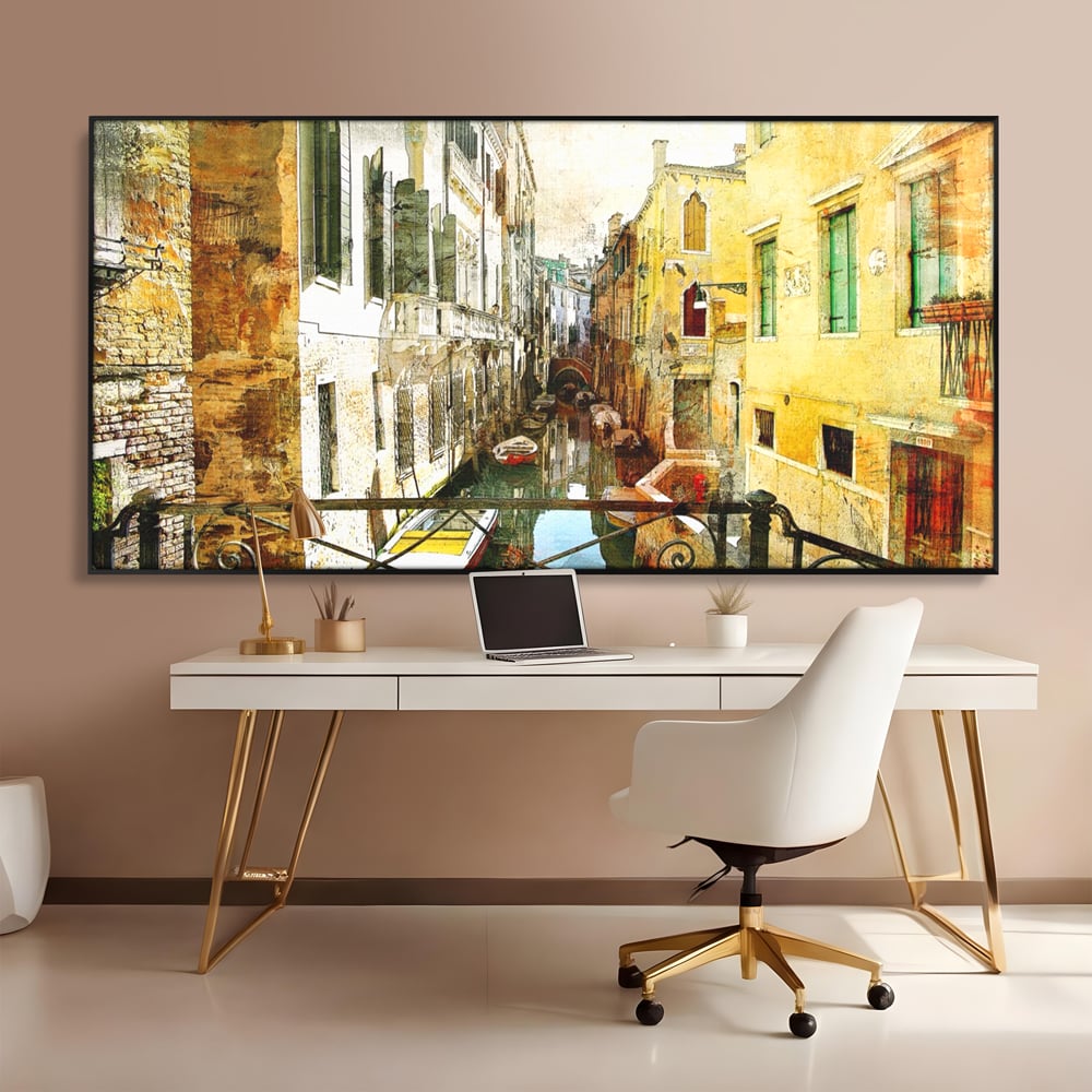 Tablou Canvas Premium LuxCanva® A1067, Plimbare In Venetia , Gondola, Barca, Case, Culori Vibrante