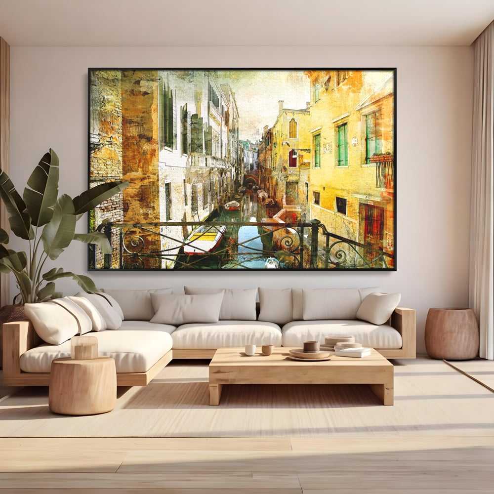 Tablou Canvas Premium LuxCanva® A1067, Plimbare In Venetia , Gondola, Barca, Case, Culori Vibrante