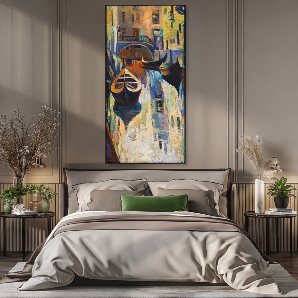 Tablou Canvas Premium LuxCanva® A1068, Gondola , Pod, Barci, Case, Culori Vibrante
