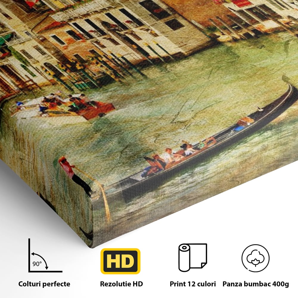 Tablou Canvas Premium LuxCanva® A1070, Plimbare Cu Gondola , Oameni, Canal Grande, Barci, Case, Culori Vibrante