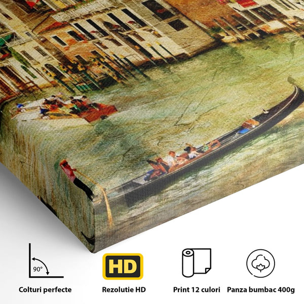 Tablou Canvas Premium LuxCanva® A1070, Plimbare Cu Gondola , Oameni, Canal Grande, Barci, Case, Culori Vibrante