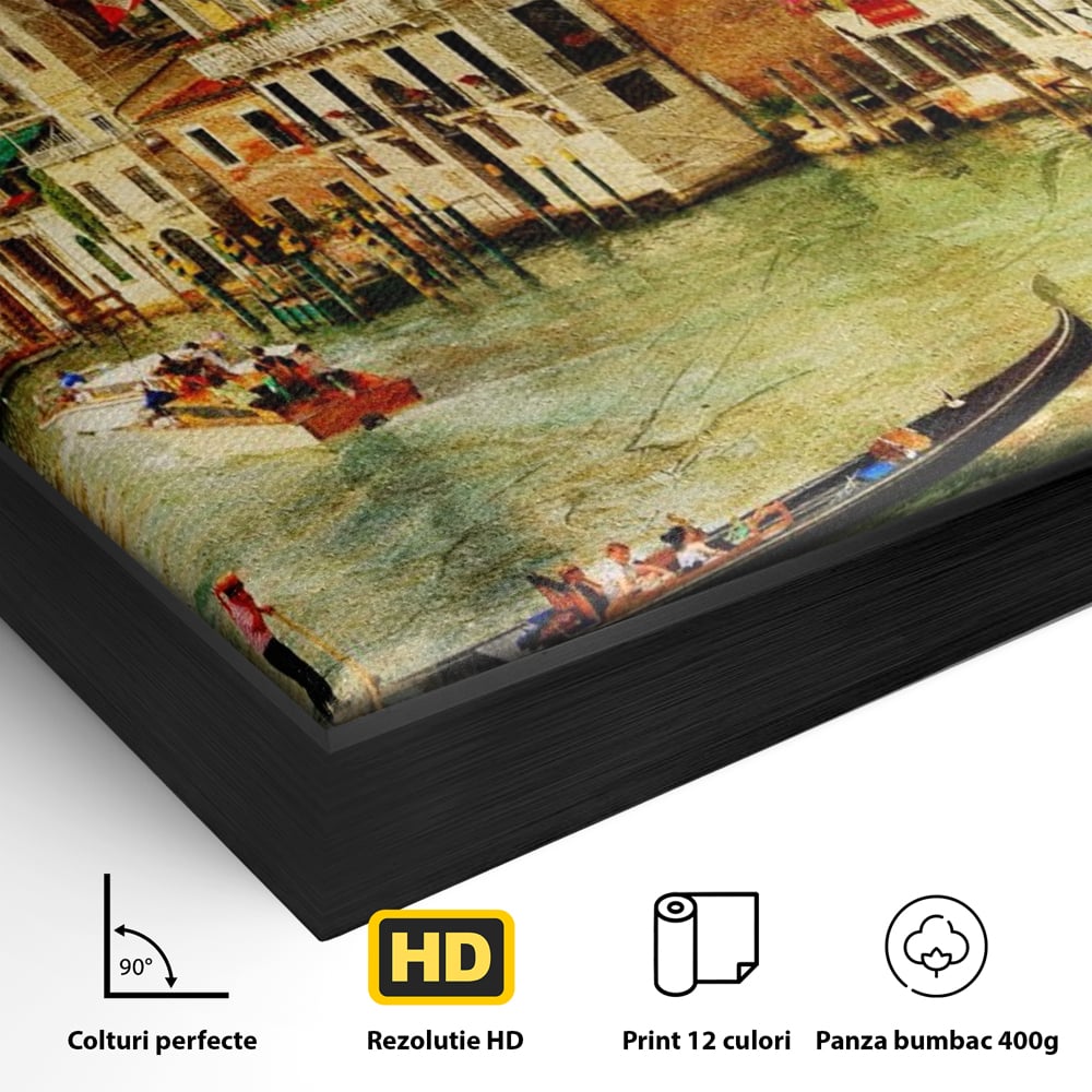 Tablou Canvas Premium LuxCanva® A1070, Plimbare Cu Gondola , Oameni, Canal Grande, Barci, Case, Culori Vibrante