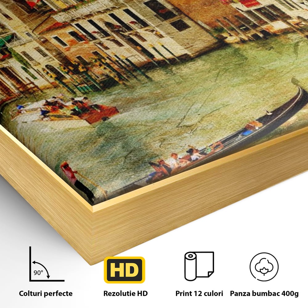 Tablou Canvas Premium LuxCanva® A1070, Plimbare Cu Gondola , Oameni, Canal Grande, Barci, Case, Culori Vibrante