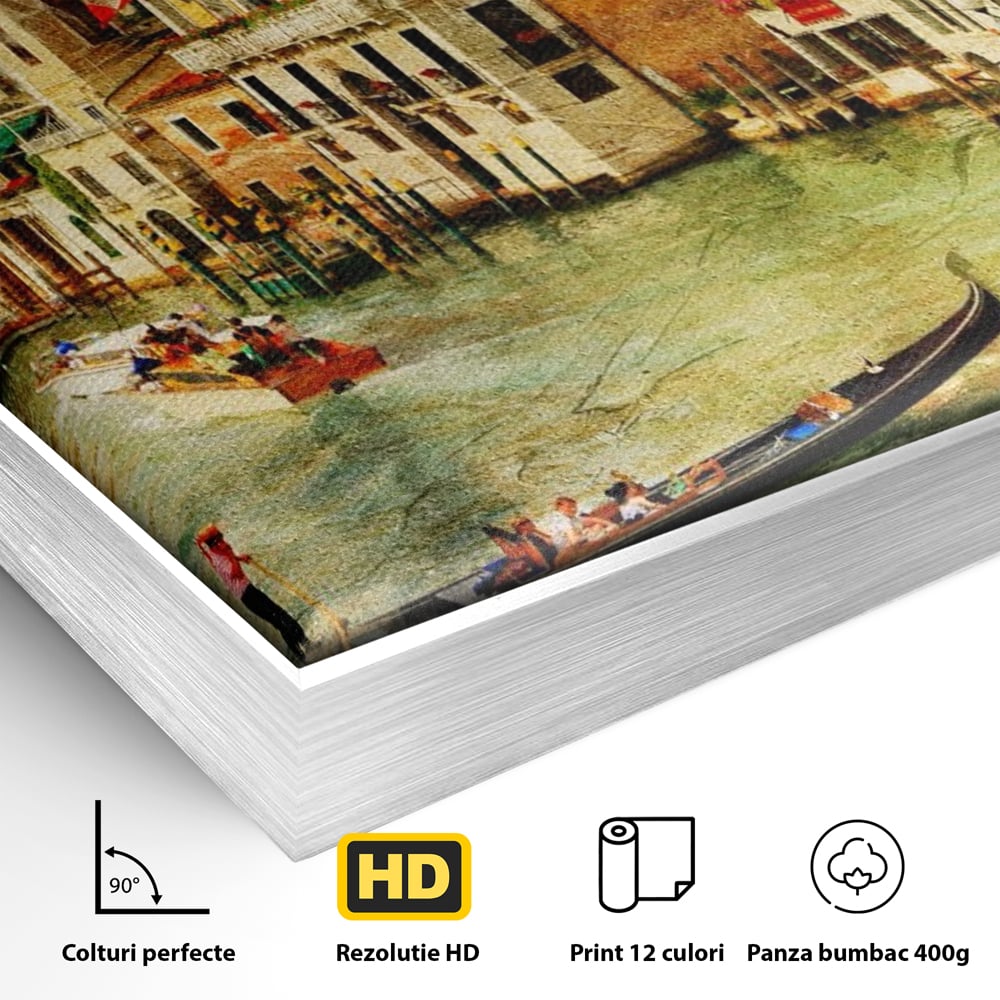 Tablou Canvas Premium LuxCanva® A1070, Plimbare Cu Gondola , Oameni, Canal Grande, Barci, Case, Culori Vibrante